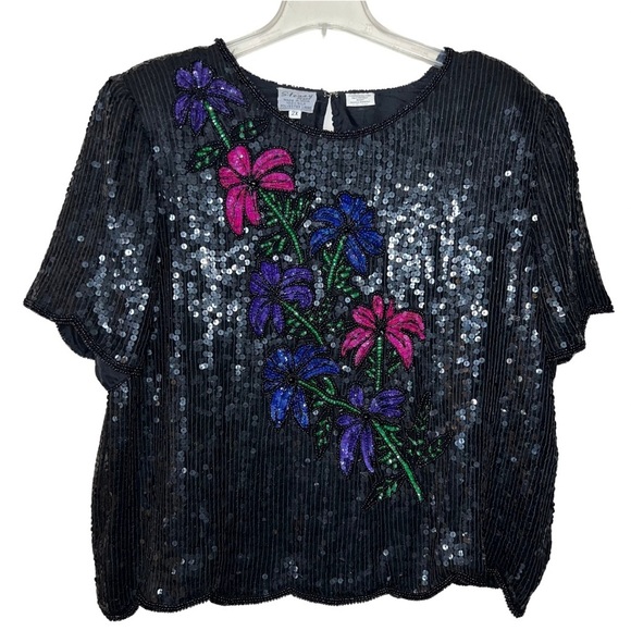 Vintage Stenay 100% Silk Floral Sequined Evening Top Blouse Size 2X NWT - Picture 1 of 15